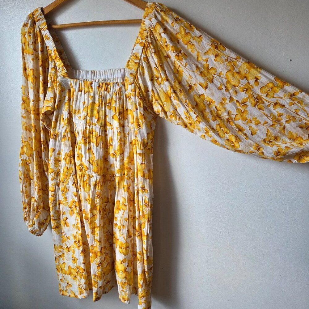 EUC LIKE NEW EN CREME YELLOW FLORAL SQUARE NECK LONGSLEEVES SHORT TIERED DRESS L